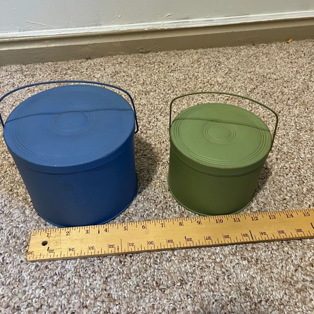 Vintage Style Metal Nesting Canisters Set of 2 Blue Green Farmhouse Tins Handles